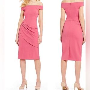 Eliza J. Off-the-Shoulder Cap‎ Sleeve Draped Front Sheath Dress Rose Pink Size 2
